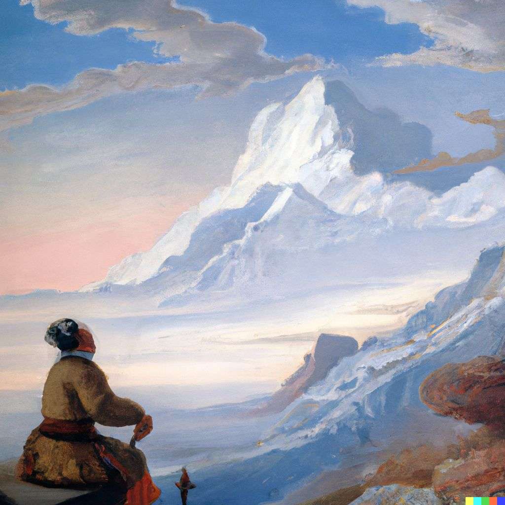 someone gazing at Mount Everest, painting from the 17th century